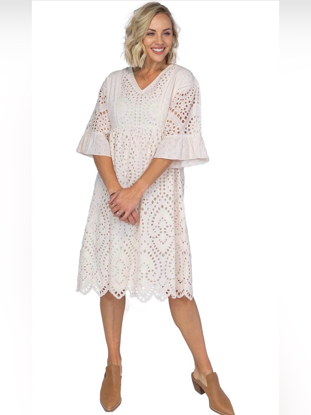 Roolee Ivory Eyelet Dress | Embroidered Lace Midi Dress | Boho Summer Dress